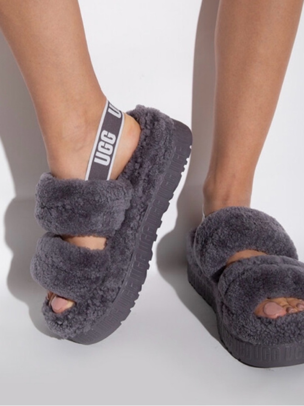 UGG Gray Fluff Slide with Branded Heel Strap